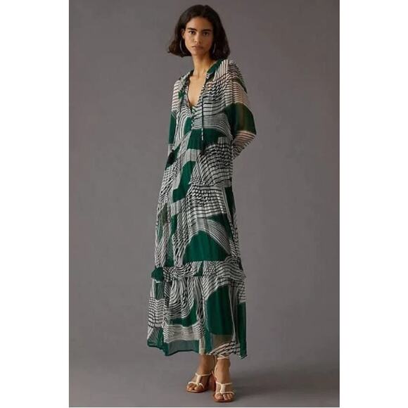 Anthropologie Dress XS Marais Green Printed Chiffon Maxi Abstract Boho Coastal - Picture 1 of 14